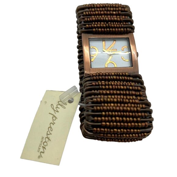 Watch Safety Pin Beaded Stretch Copper Tone Steampunk Punk Retro New with Tag - Picture 2 of 10
